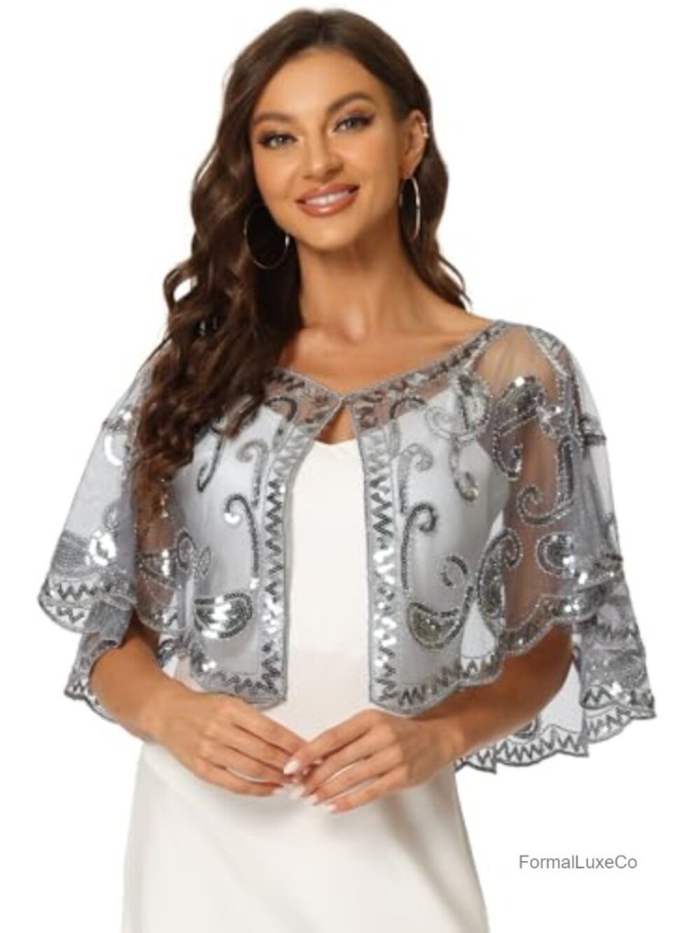 1920s Shawl Wrap Sequin Beaded Chiffon Evening Bridal Cover Up Cape